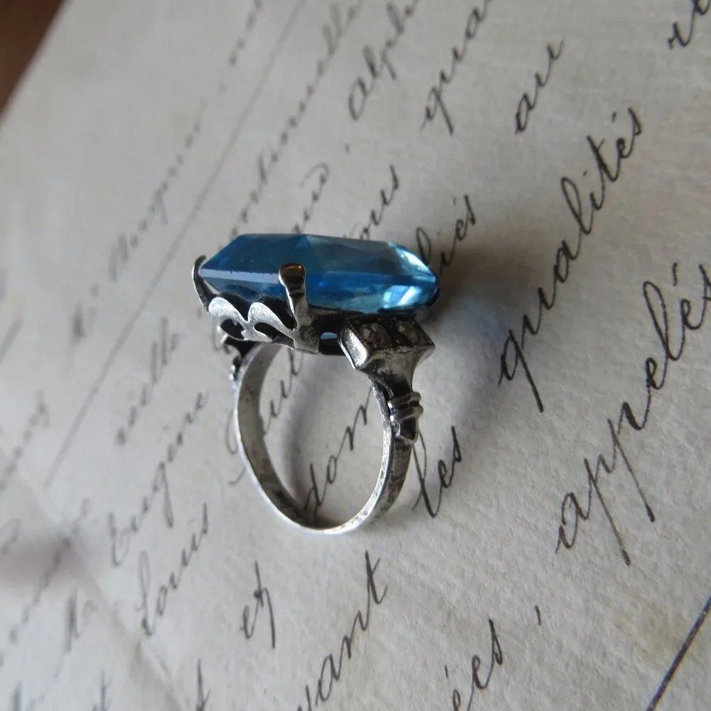 Antique Aquamarine Ring Sterling Setting Size 6 Blue - Picture 4 of 4